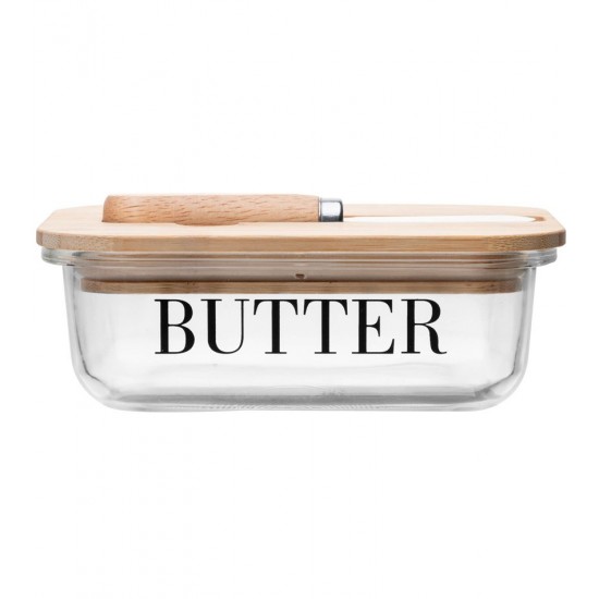 Manteigueira 14,5x10,5x5,5cm Com Espátula E Tampa De Bambu Basic Vidro